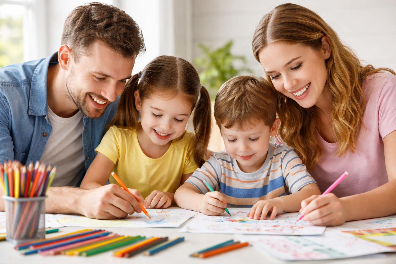 Família colorindo junta